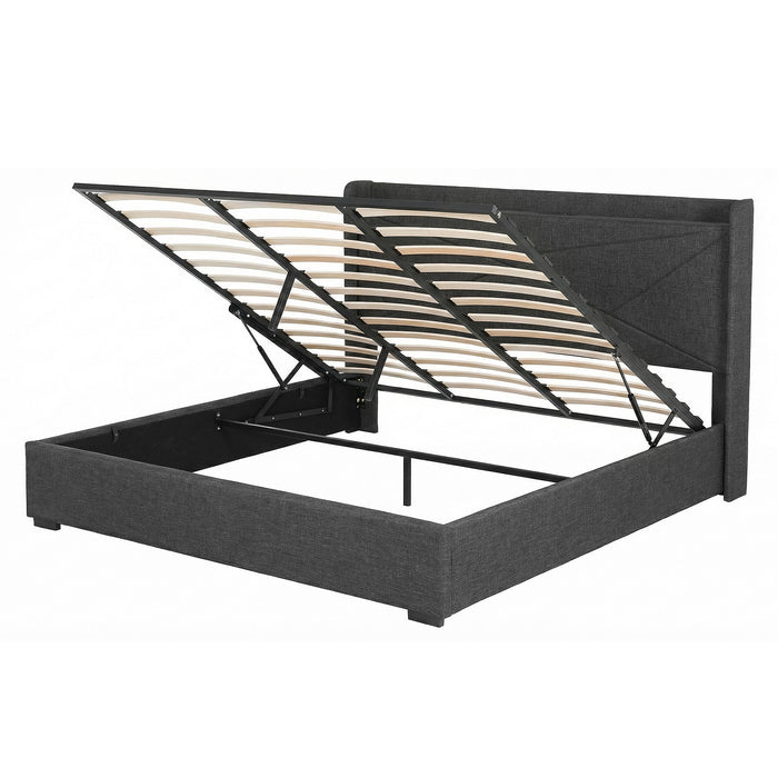 Artiss King Bed Frame Gas Lift Storage Bed with Charging Ports Upholstered Geometric Headboard Charcoal Grey