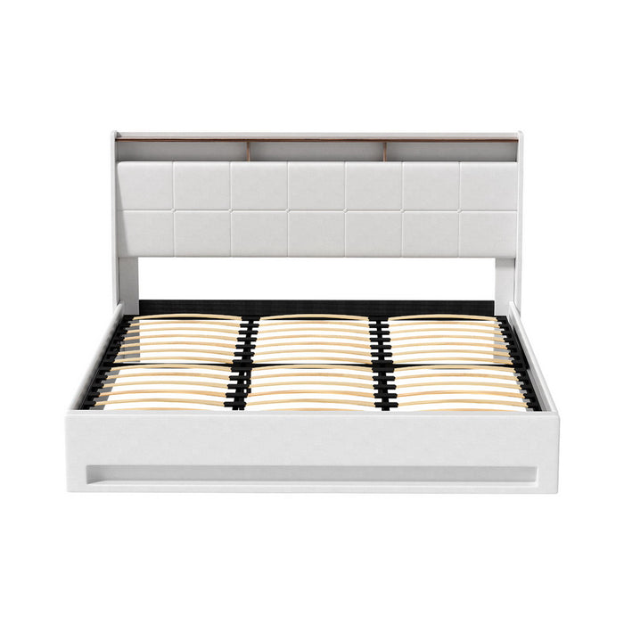 Artiss Bed Frame Gas Lift LED Beds Base Platform White PVC Leather Storage Headboard - King