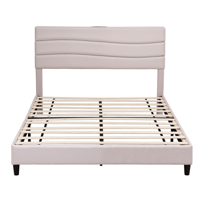 Artiss Queen Bed Frame with Storage Adjustable Headboard Platform Base Linen Fabric Charging Ports