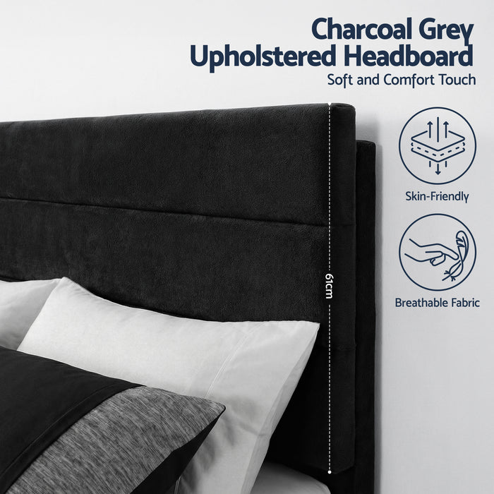 Artiss King Bed Frame Upholstered Platform Base with Geometric Headboard Black Velvet