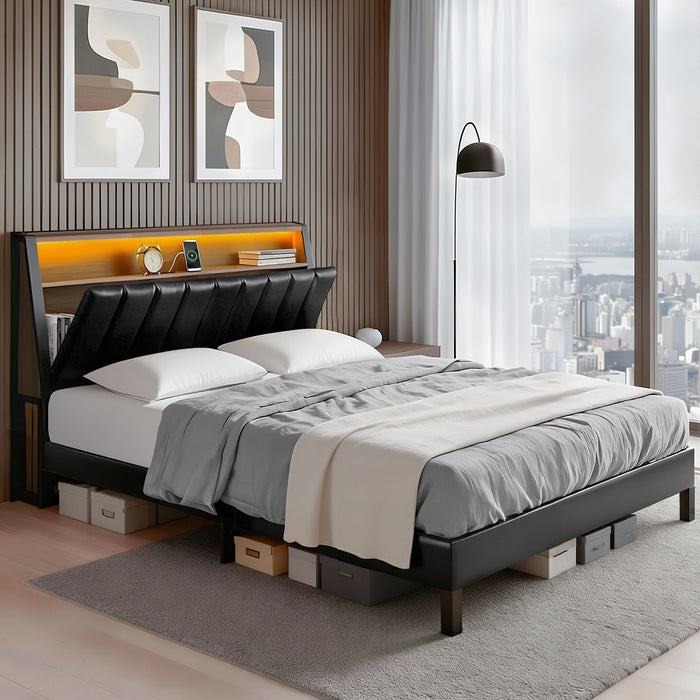 Artiss Double Bed Frame LED Storage Headboard with Charging Station Black