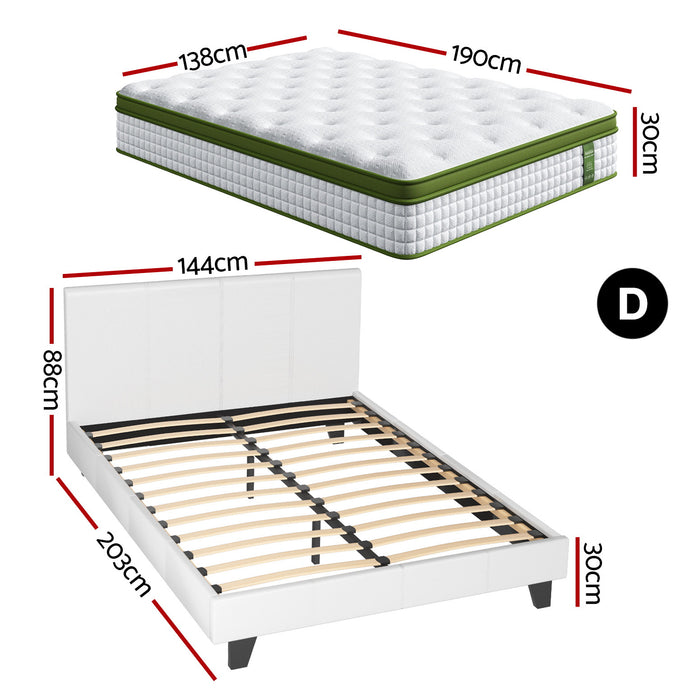 Artiss Double Bed Frame Platform White PVC Leather Hybrid Mattress Modern