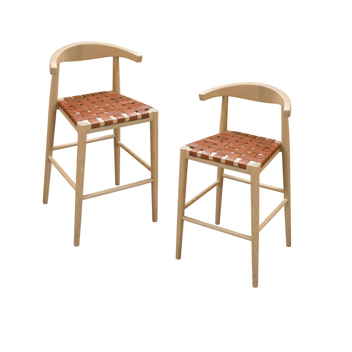 Elliot Solid Oak and Genuine Woven Leather Barstool - Set of 2 (Natural)