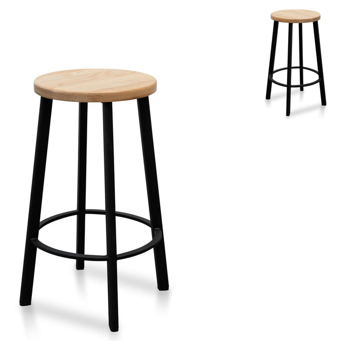 CBS2467-NH 65cm Bar Stool -With Natural Timber Seat - Black Frame (Set of 2)