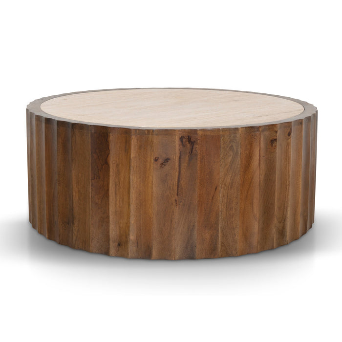 CCF8724-RB 89cm Travertine Top Round Coffee Table - Walnut