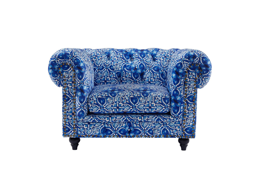 Chesterfield Arm Chair Digital Print Moroccan Blue Velvet