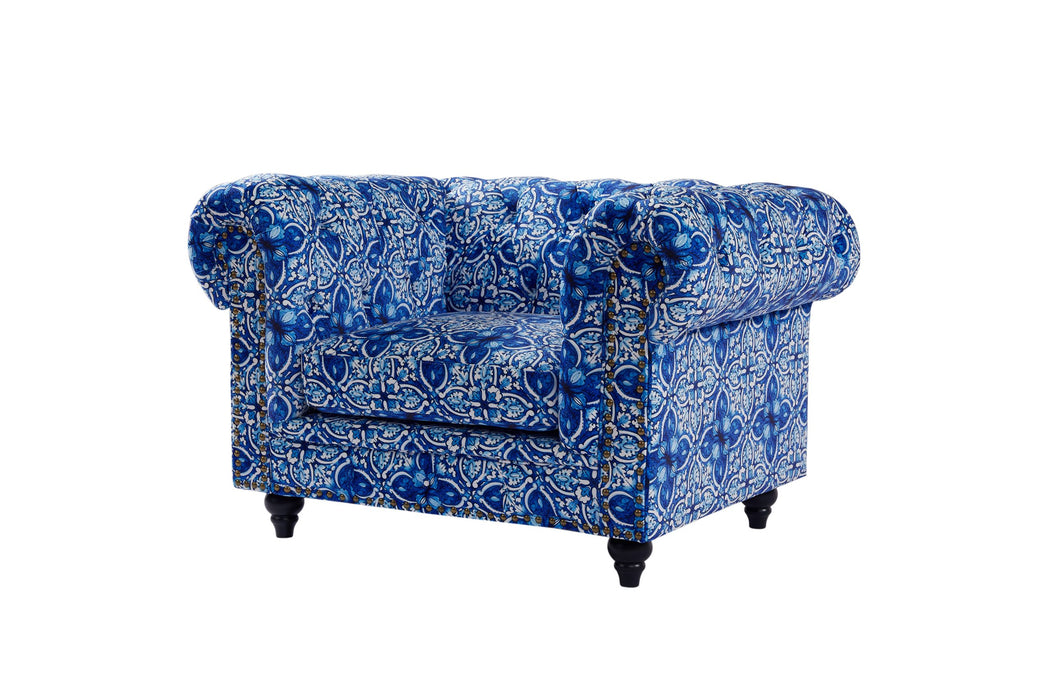 Chesterfield 2 Seater Digital Print Moroccan Blue Velvet