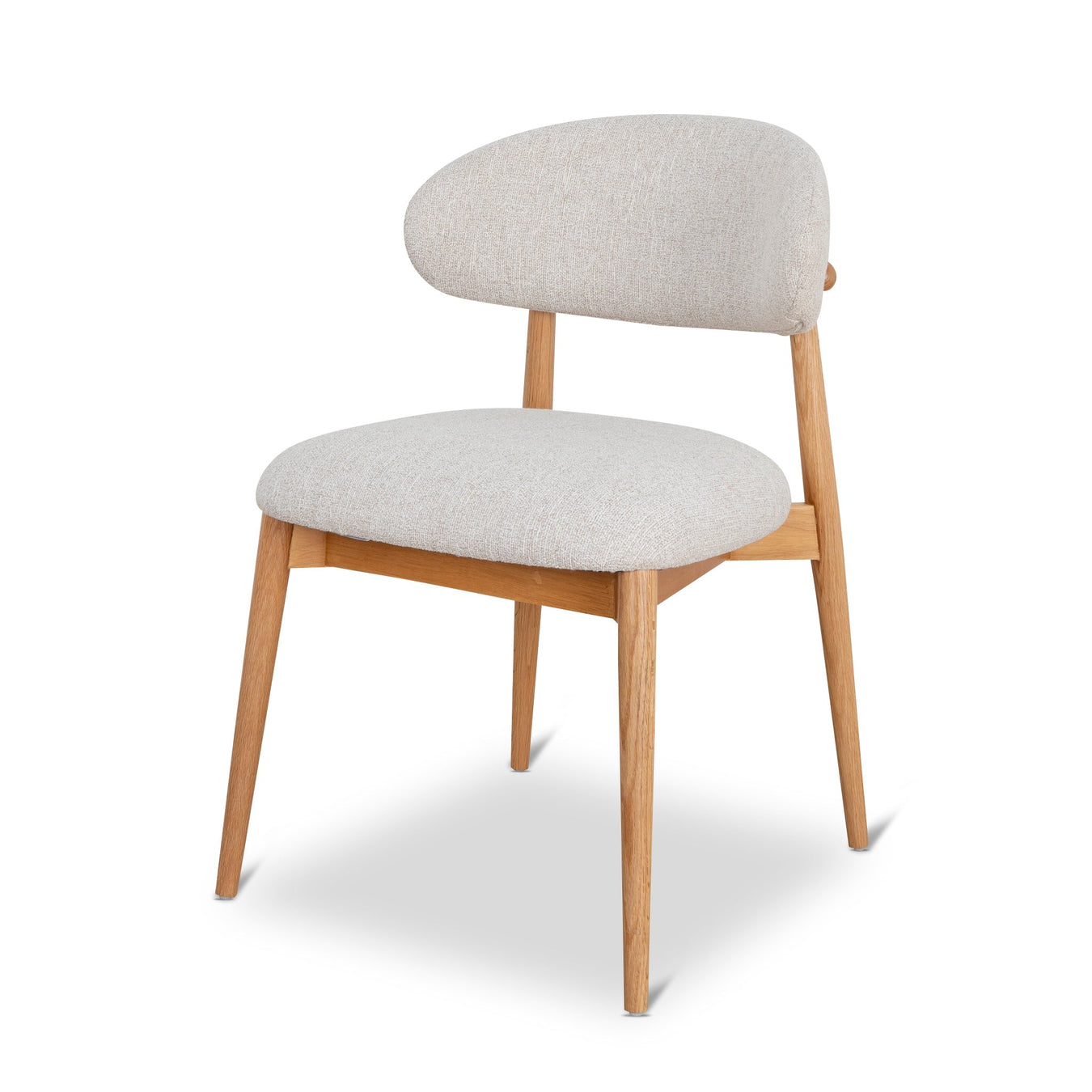 [Brand] chair with light fabric and wooden legs, modern design.
