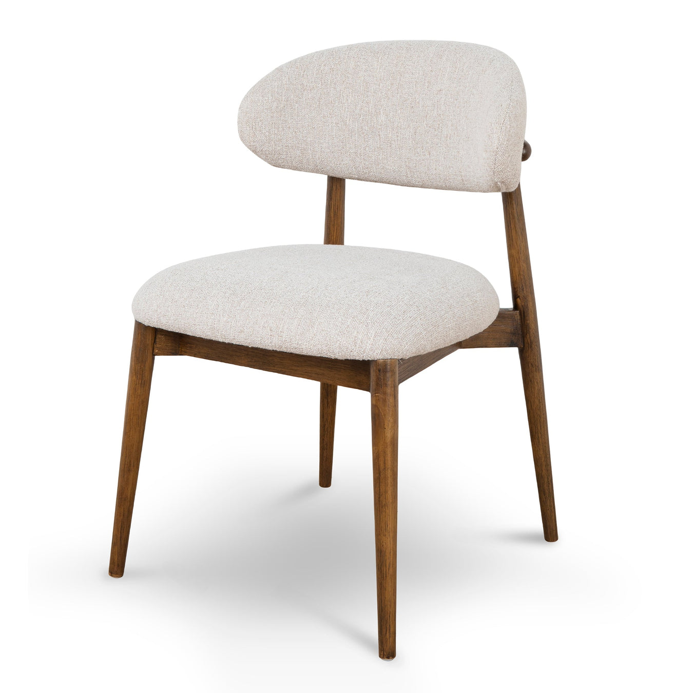 [Brand] wooden chair with beige upholstery and curved design.