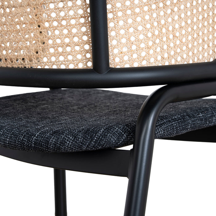 Set of 2 - Florine Fabric Dining Chair - Dark Grey with Rattan Back