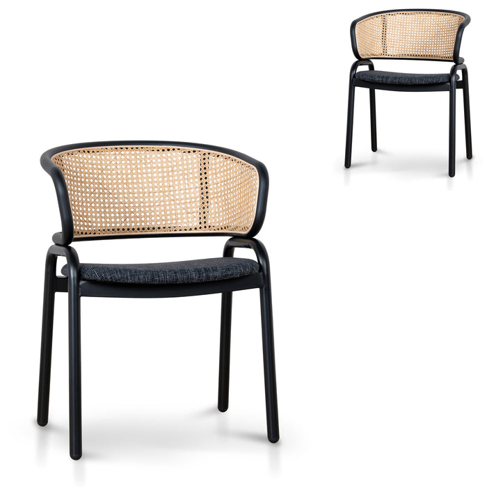 Set of 2 - Florine Fabric Dining Chair - Dark Grey with Rattan Back