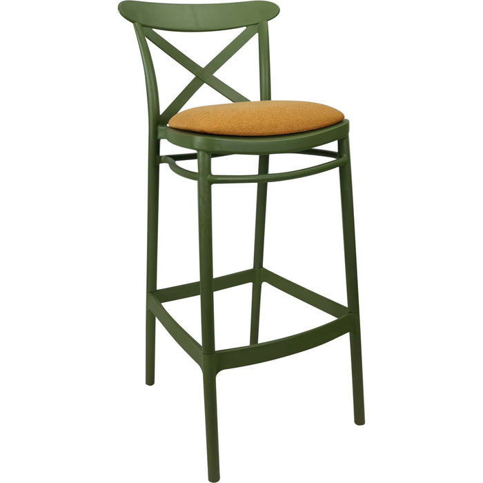 Siesta Cross Bar Stool 65cm (Counter Height) - Olive Green with Orange Fabric Cushion