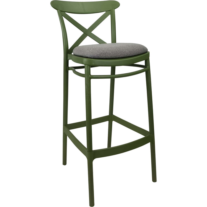 Siesta Cross Bar Stool 65cm (Counter Height) - Olive Green with Taupe Fabric Cushion