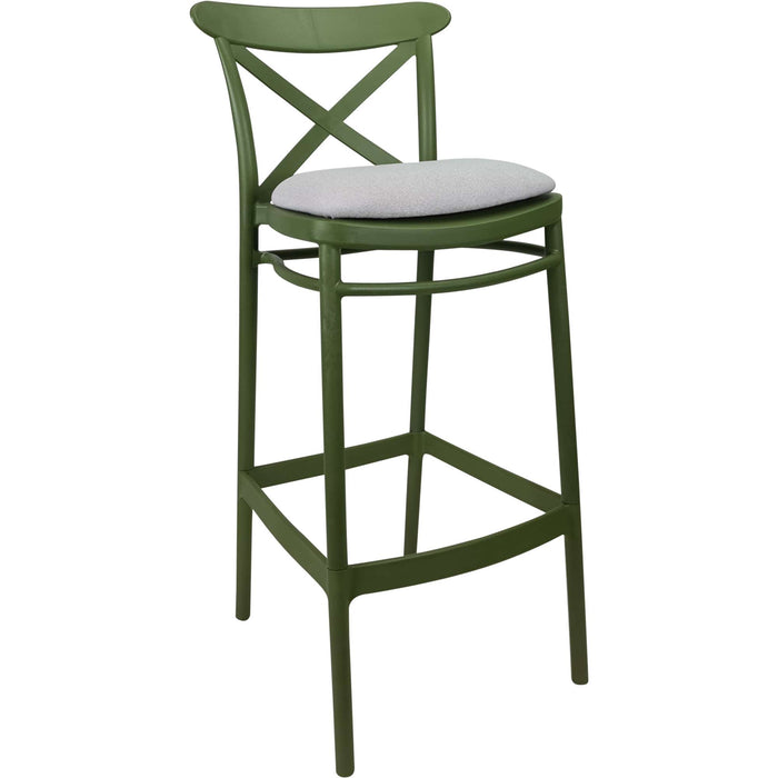 Siesta Cross Bar Stool 65cm (Counter Height) - Olive Green with Light Grey Fabric Cushion