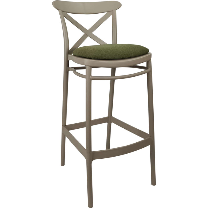 Siesta Cross Bar Stool 65cm (Counter Height) - Taupe with Olive Green Fabric Cushion