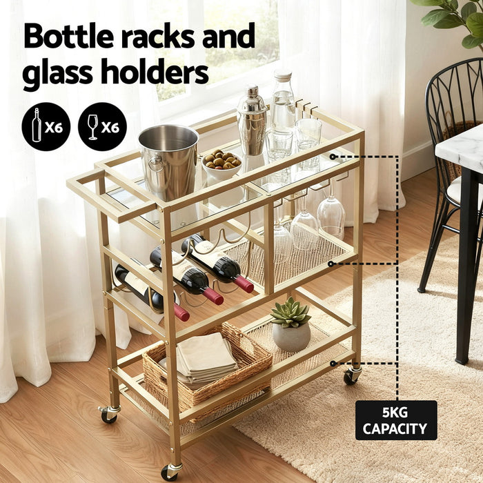 Artiss Bar Cart Drinks Trolley Serving Wine Rack Glass Holder 3 Hooks 72cm Gold