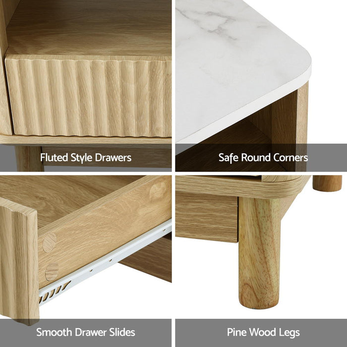 Artiss Coffee Table Drawer Shelf Marble Effect Wood&White