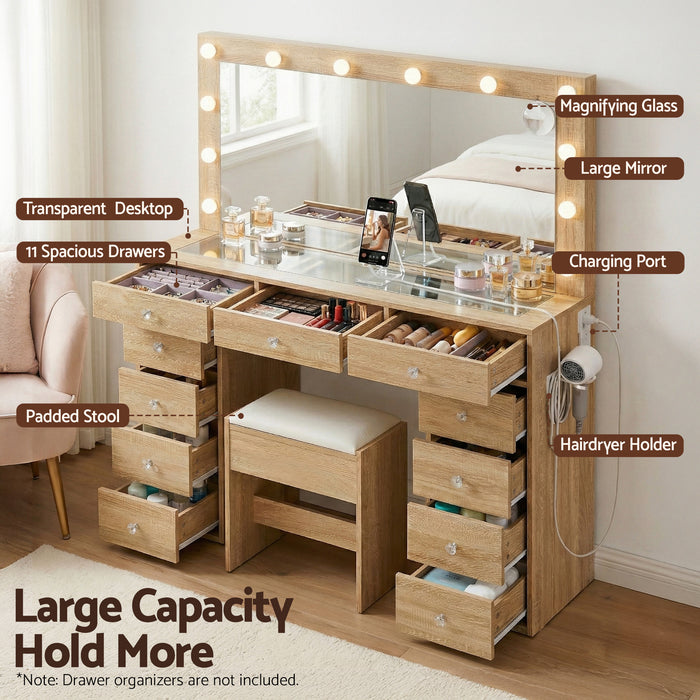 Artiss Dressing Table Vanity Desk Set Stool LED Bulbs Wood