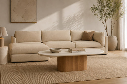 Harlow Oval Coffee Table - 150cm - Natural Oak Base - 150cm White