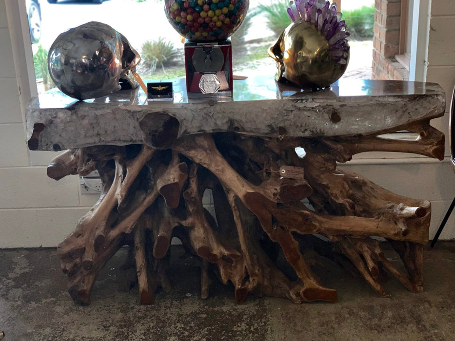 Natural Teak Root Wood Console Table With Resin Top