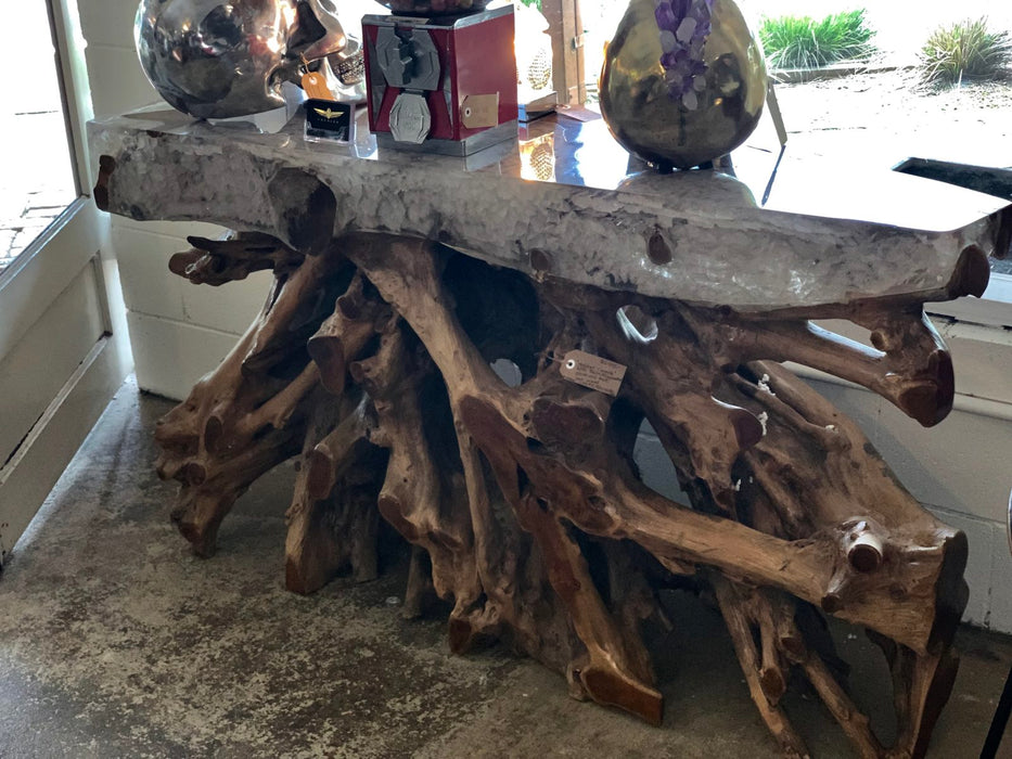 Natural Teak Root Wood Console Table With Resin Top