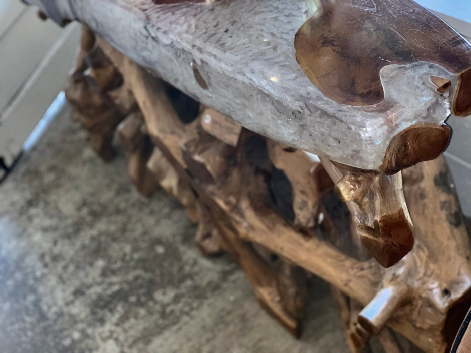 Natural Teak Root Wood Console Table With Resin Top