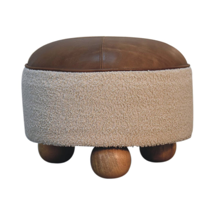 Cream Boucle Buffalo Footstool - Cream, Leather