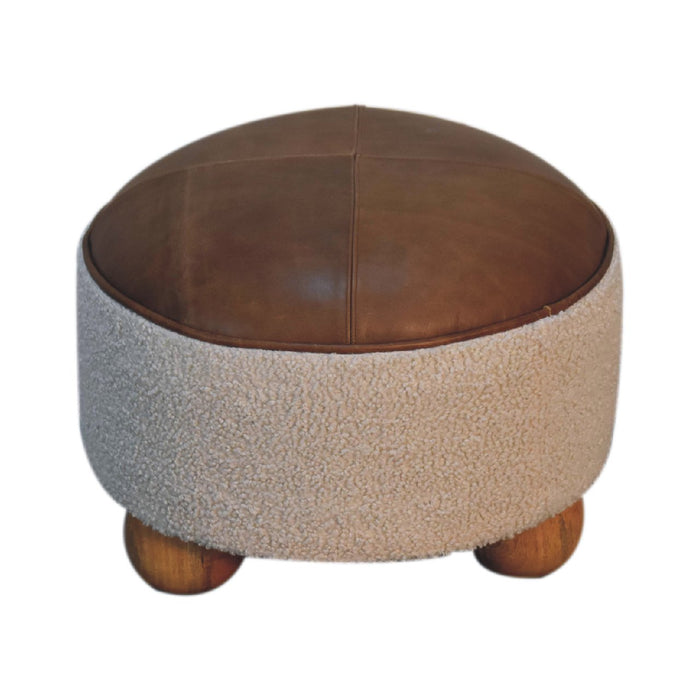 Cream Boucle Buffalo Footstool - Cream, Leather