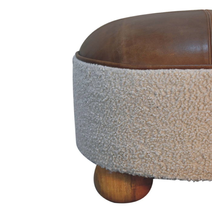 Cream Boucle Buffalo Footstool - Cream, Leather