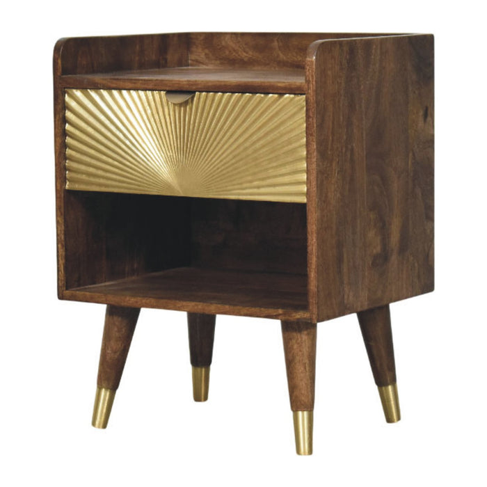 Sunburst Brass Inlay Bedside - Brown, Wood