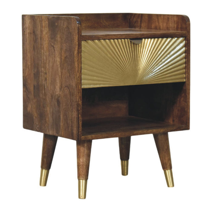Sunburst Brass Inlay Bedside - Brown, Wood