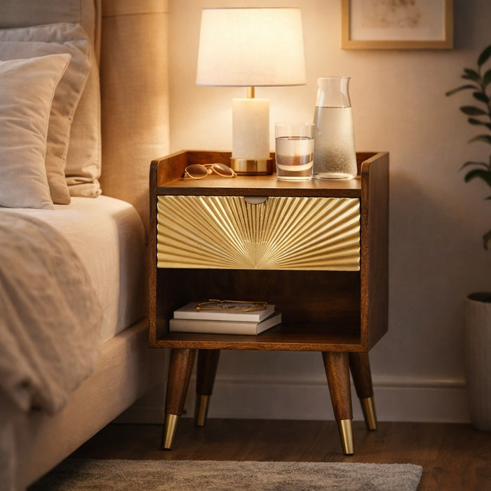 Sunburst Brass Inlay Bedside - Brown, Wood