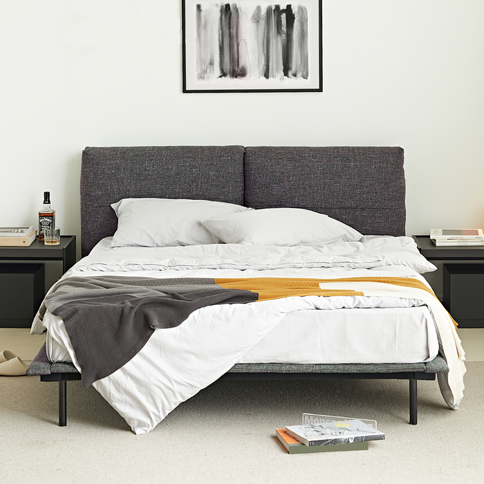 Grey Fabric Platform Bed With Headboard Pillows - Queen Size