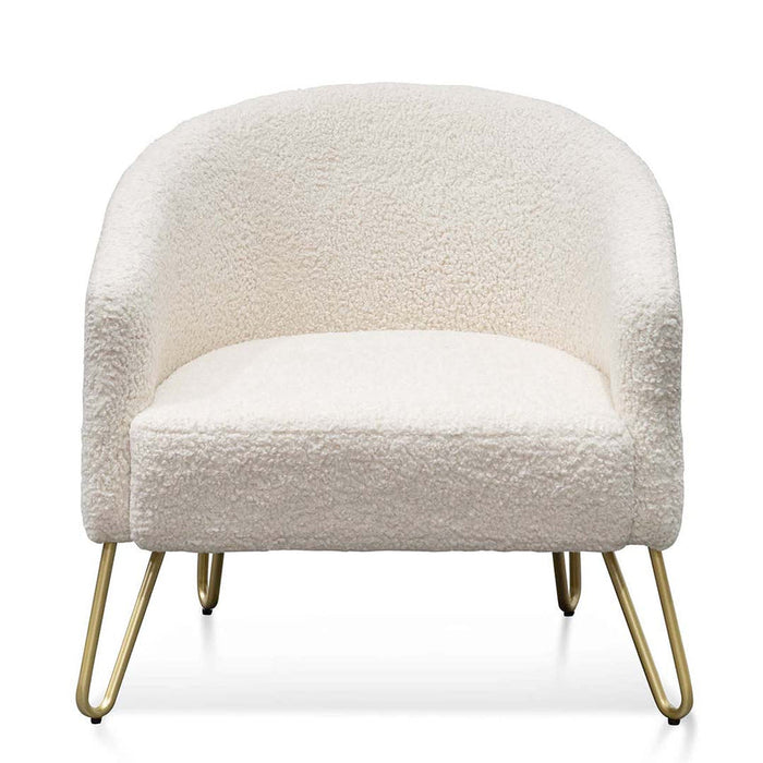 Calibre Furniture Lena Armchair - Ivory White Synthetic Wool with Golden Legs