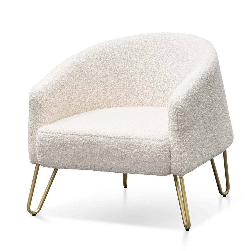 Calibre Furniture Lena Armchair - Ivory White Synthetic Wool with Golden Legs