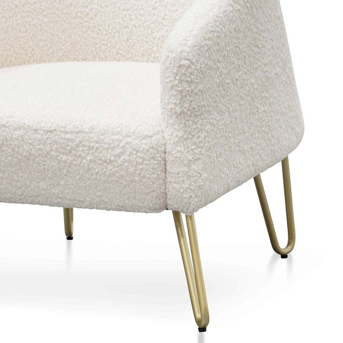 Calibre Furniture Lena Armchair - Ivory White Synthetic Wool with Golden Legs