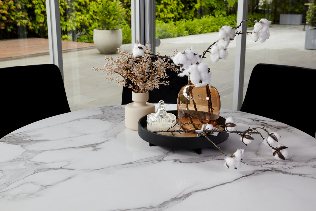 Lilly Dining Table Marble Effect White Sevella With Matte Black Frame