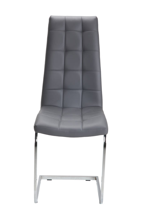Gray cushioned chair with chrome legs on white background.
