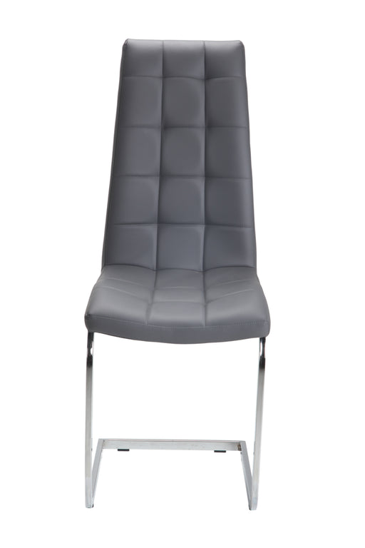 Gray cushioned chair with chrome legs on white background.