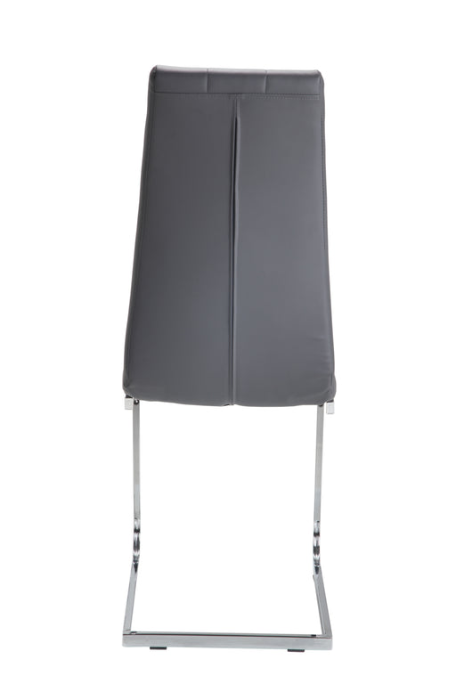 Back view of a modern grey chair with chrome legs.