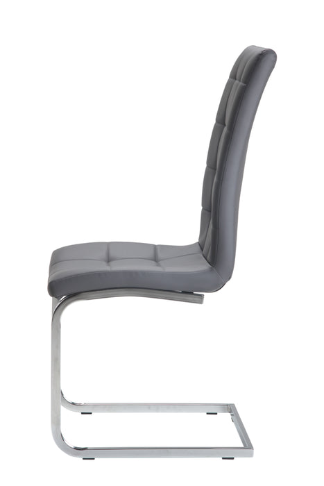 Side view of a sleek grey cantilever chair.