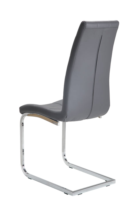 Modern grey chair with sleek chrome cantilever base design.