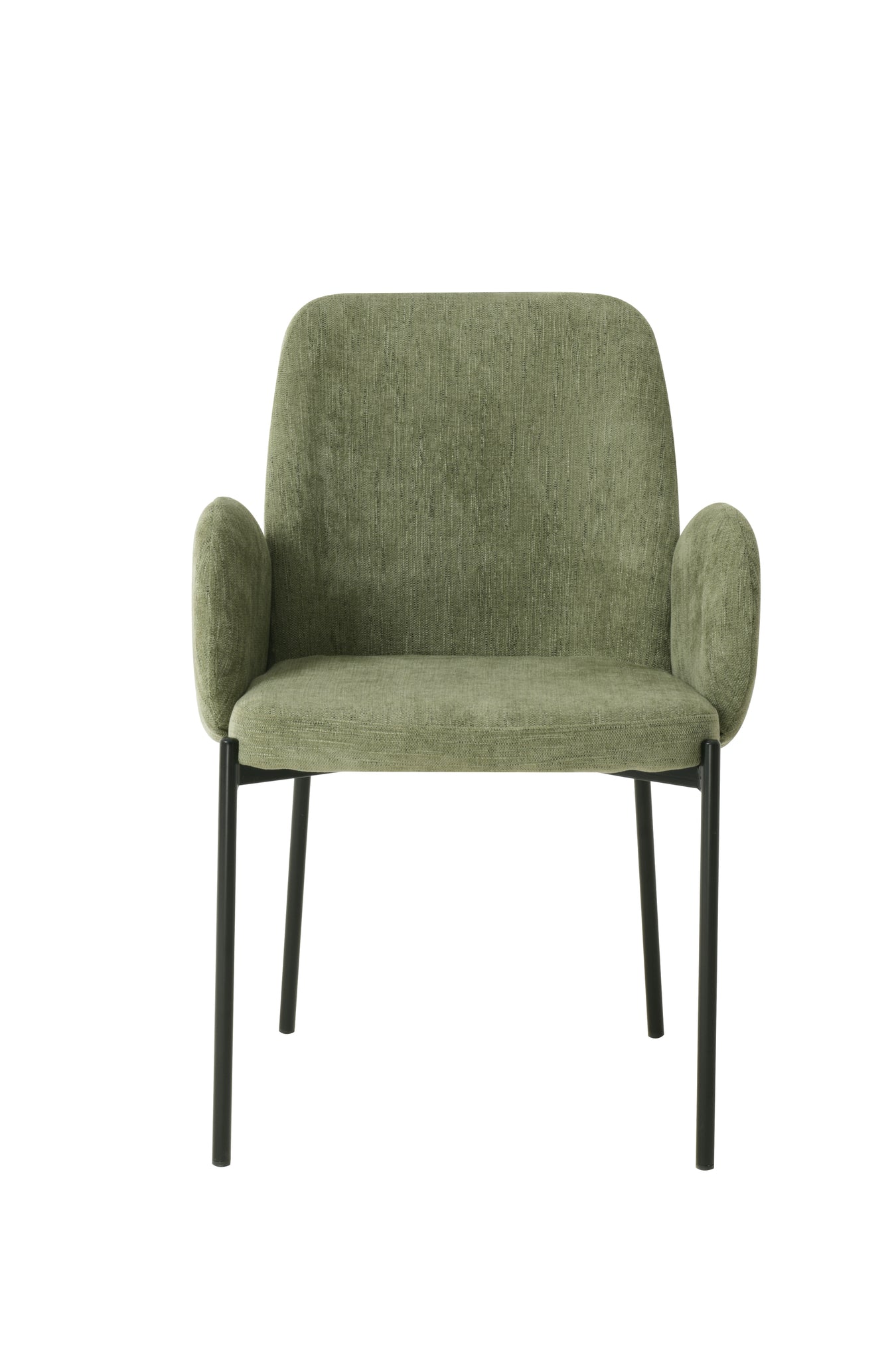 Green upholstered chair with armrests, black metal legs.