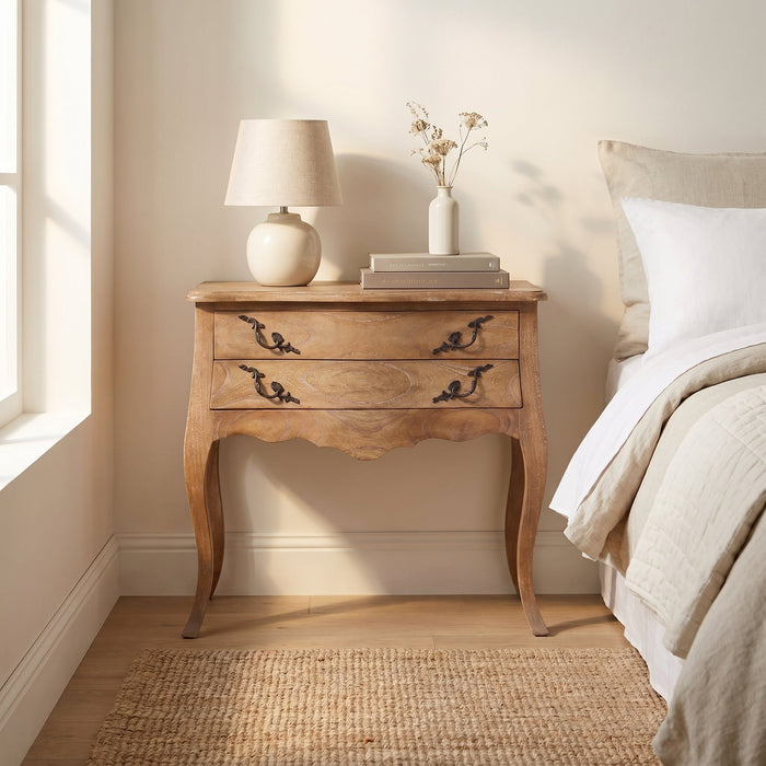 Louis Wide Double Drawer Bedside - Weathered Oak