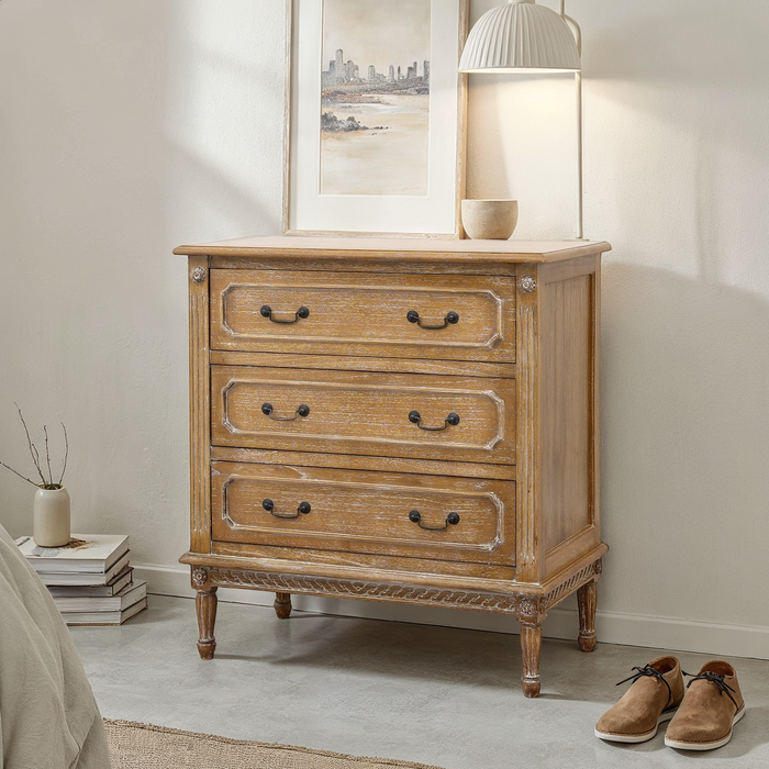 Marseille Chest of Drawers styled with lamp and artwork - Weathered Oak