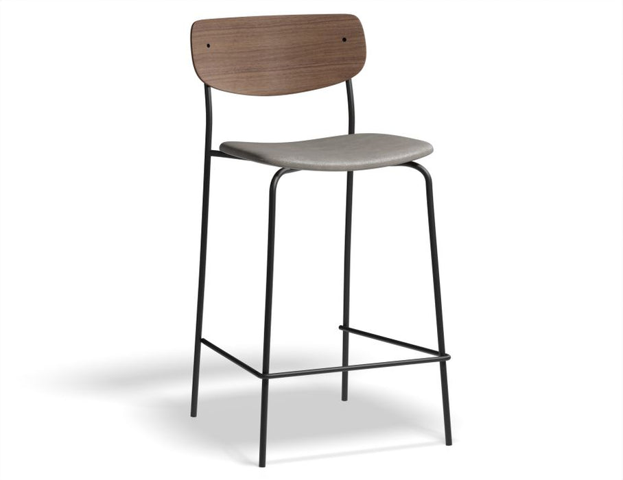 Rylie Stool - Padded Seat with Walnut Backrest - 65cm Kitchen Height - Grey Vegan Leather Seat