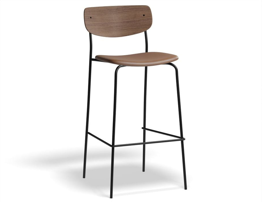 Rylie Stool - Padded Seat with Walnut Backrest - 65cm Kitchen Height - Grey Vegan Leather Seat
