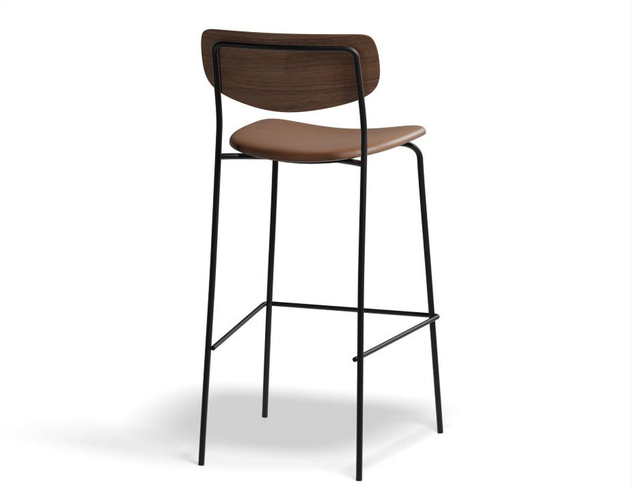 Rylie Stool - Padded Seat with Walnut Backrest - 75cm Bar Height - Tan Vegan Leather Seat