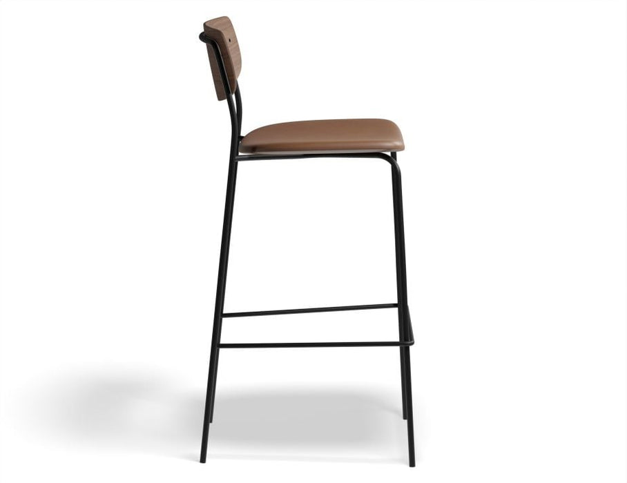Rylie Stool - Padded Seat with Walnut Backrest - 65cm Kitchen Height - Grey Vegan Leather Seat