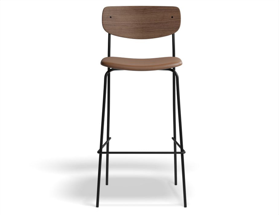 Rylie Stool - Padded Seat with Walnut Backrest - 75cm Bar Height - Tan Vegan Leather Seat